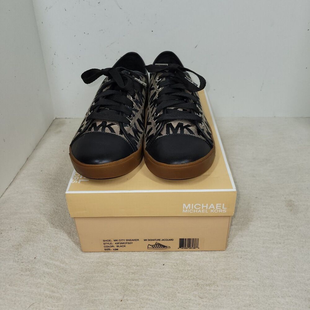 Michael Kors Shoes Size 10 Womens Black Tan MK Signature Logo Lace Up Sneakers - Picture 7 of 16